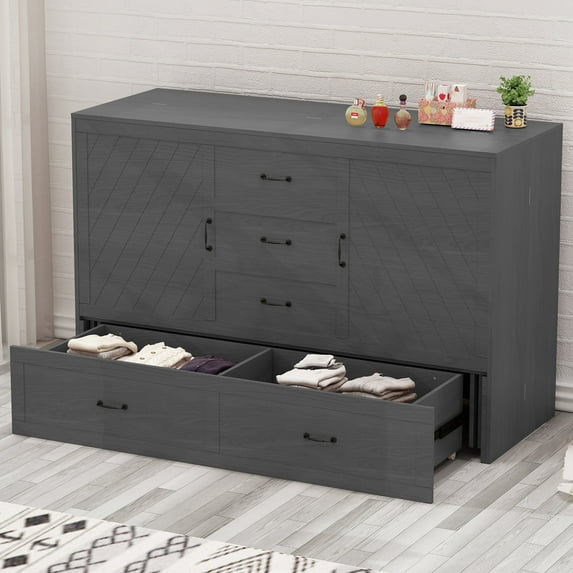 ZAFLY Murphy Bed Cabinet with Charging Station, Queen Size Solid Wood Cabinet Bed with Mattress, Murphy Cube Chest Bed with Storage Drawers - Grey