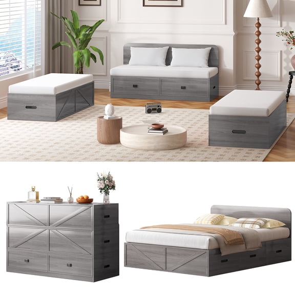 ZAFLY Murphy Bed Full Size with Mattress, Convertible Cabinet Bed with Large Drawers, Cabinet Chest Bed for Bedroom/Small Space, Gray