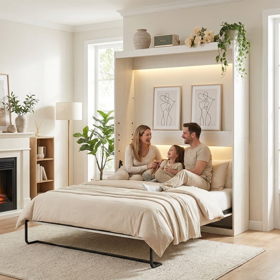 ZAFLY Murphy Bed Full with LED Lights, Foldable Wall Bed Frame with Gas Struts, Space-Saving Hidden Cabinet for Bedroom/Office - White