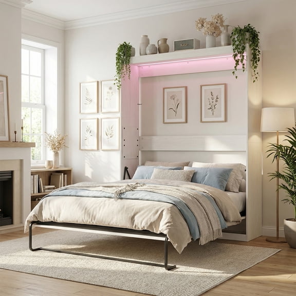 ZAFLY Murphy Bed Queen with LED Lights, Foldable Wall Bed Frame with Gas Struts, Space-Saving Hidden Cabinet for Bedroom/Office - White