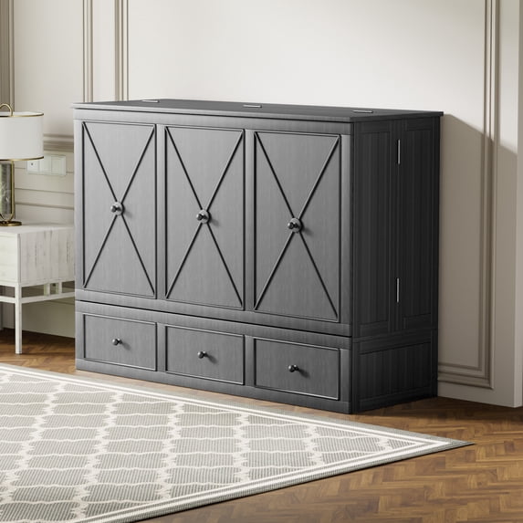 ZAFLY Murphy Bed with Charging Station, Solid Wood Cabinet Bed with Mattress, Murphy Cube Chest Bed with Storage Drawers - Grey