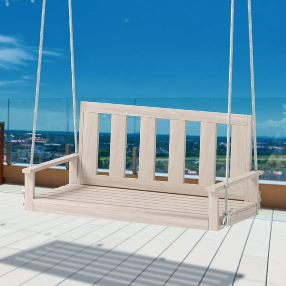 ZAFLY Outdoor Wood Swing, Large Tree Swing for Yard/Patio/Porch/Garden, Hanging Bench Chair Furniture for Deck, 440LBS Weight Capacity-Burlywood