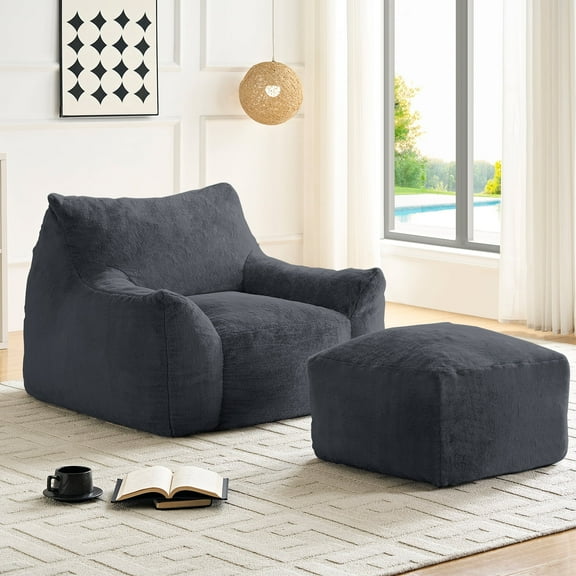 ZAFLY Oversized Bean Bag Chair for Adults, Faux Fur Large Comfy Chair with Footstool, Big Lazy Floor Sofa for Gaming - Dark Gray