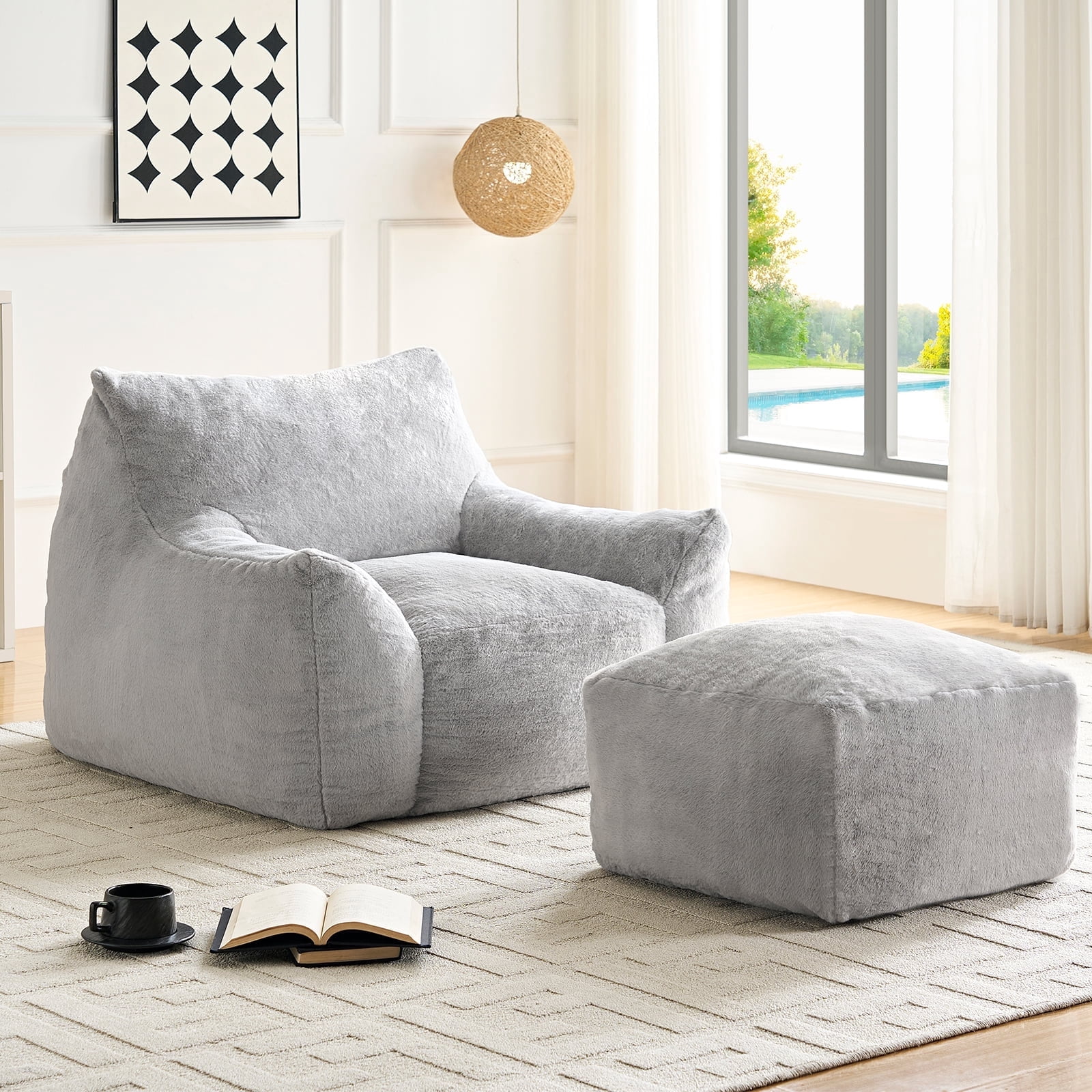 ZAFLY Oversized Bean Bag Chair for Adults, Faux Fur Large Comfy Chair with Footstool, Big Lazy Floor Sofa for Gaming - Light Gray