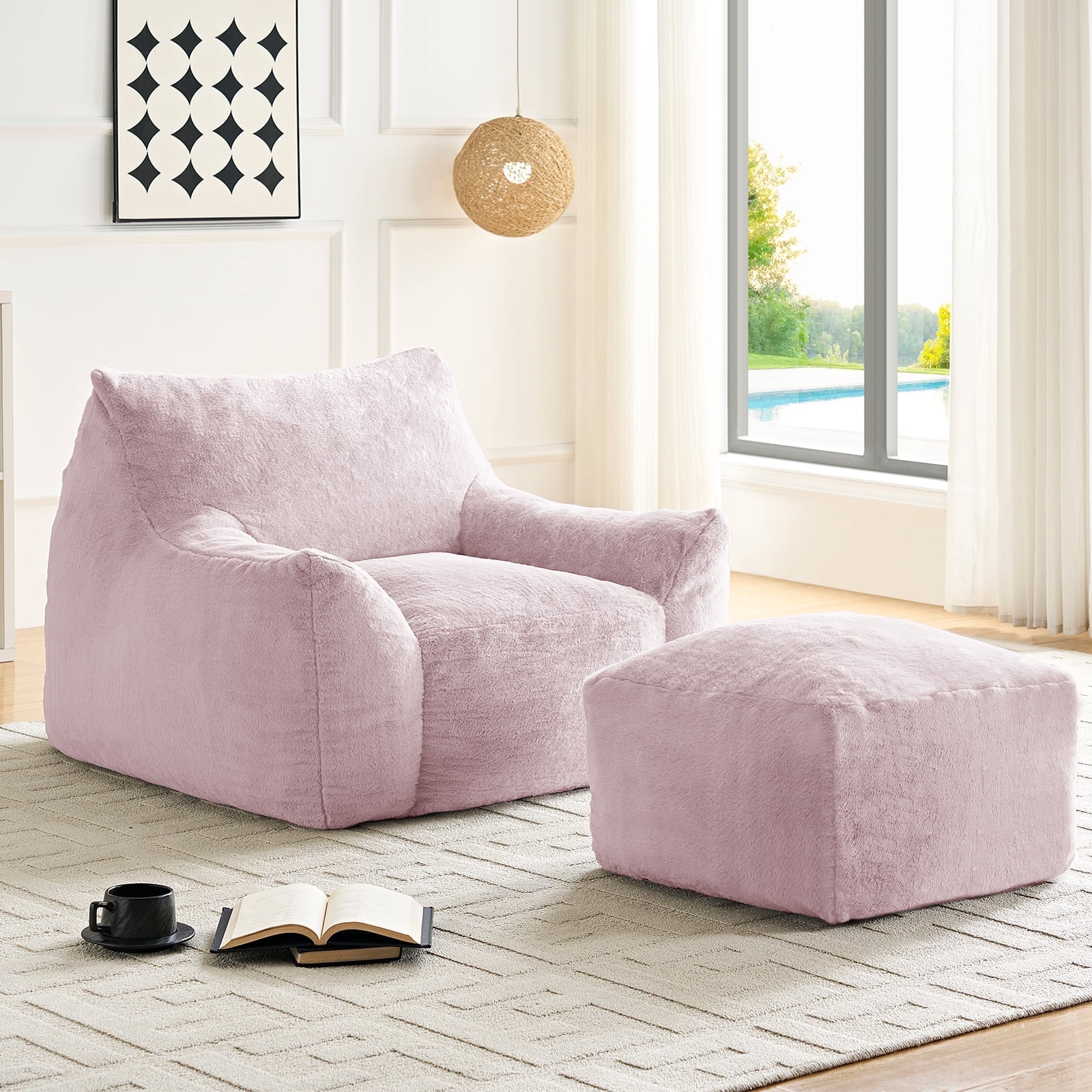 ZAFLY Oversized Bean Bag Chair for Adults, Faux Fur Large Comfy Chair with Footstool, Big Lazy Floor Sofa for Gaming - Pink