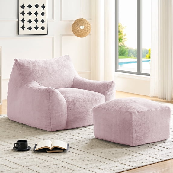 ZAFLY Oversized Bean Bag Chair for Adults, Faux Fur Large Comfy Chair with Footstool, Big Lazy Floor Sofa for Gaming - Pink