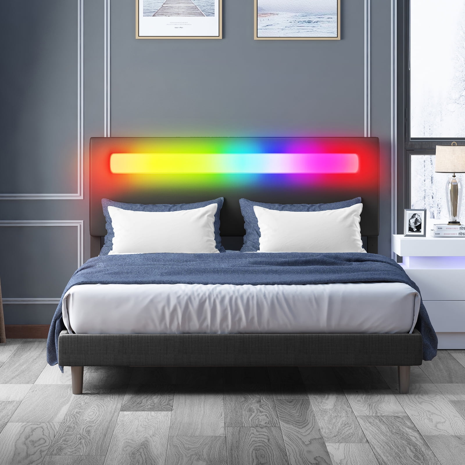 ZAFLY Platform Bed Frame with Smart RGB LED Light Bar, Queen Size Bed ...