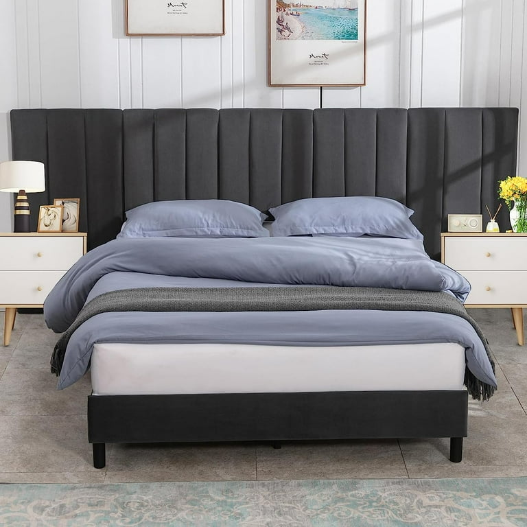 ZAFLY Queen Bed Frame with Oversized Headboard Velvet Tufted Adjustable Height Furniture High Upholstered Platform Bed Frame Queen Size Dark