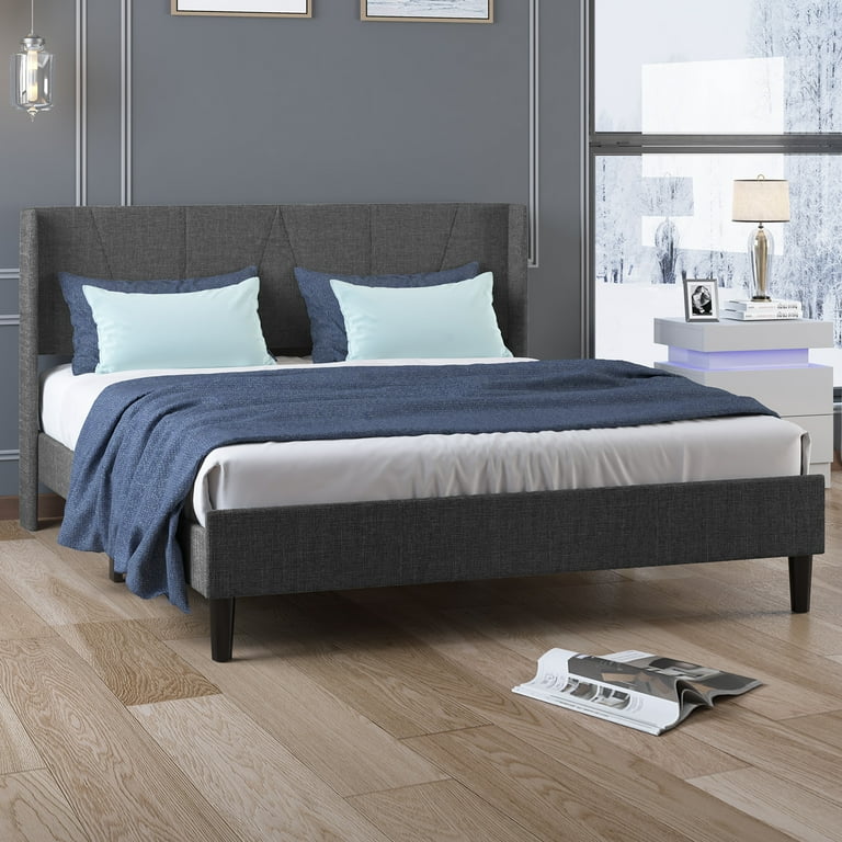 ZAFLY Queen Size Bed Frame Queen Bed Frame with Headboard Linen Platform Bed with Headboard Upholstery Platform Bed Frames with Wood Slat Support