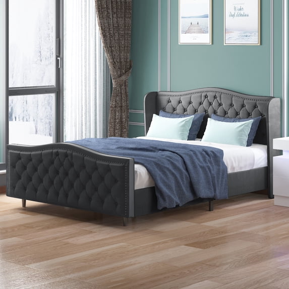 ZAFLY Queen Size Bed Frame with Headboard | Button Tufted Velvet/Dutch Velvet Bedroom Furniture | High Upholstered Platform Bed Frame, Queen Size, Dark Grey