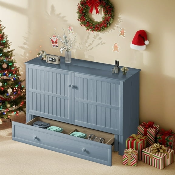 ZAFLY Queen Size Murphy Bed, Cabinet Bed with USB Charging Station, Convertible Bed with Storage Platform, Cabinet Chest Bed with Large Drawers for Living Room/Bedroom (Blue)