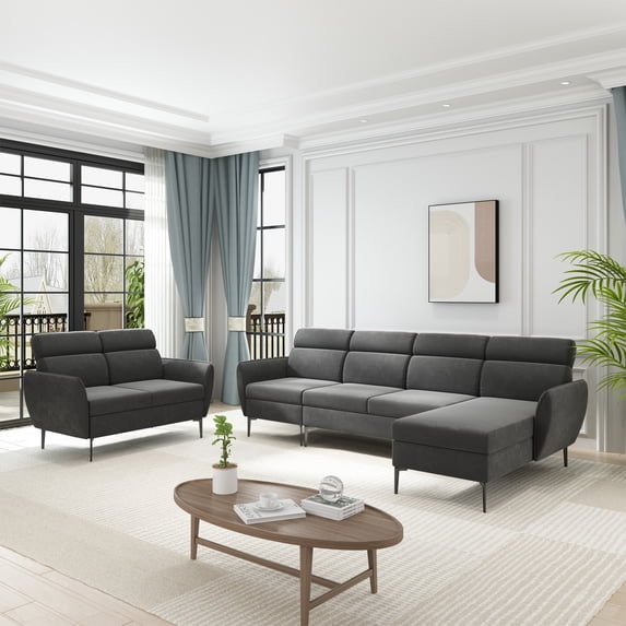 ZAFLY Sectional Sofa Sets for Living Room, Linen Fabric Sofa with Metal legs, 2 Piece Sofas and Couches Sets - Dark Grey