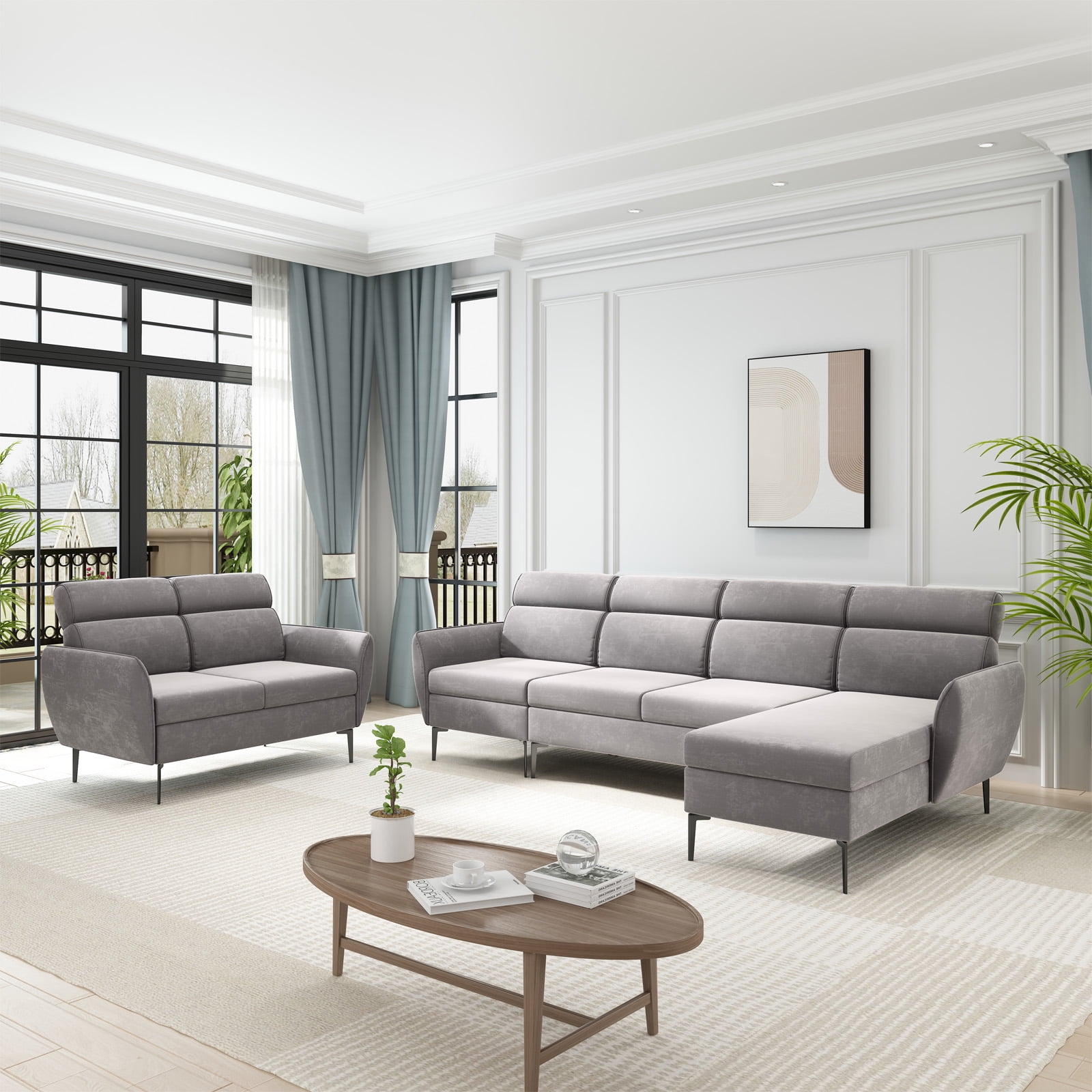 ZAFLY Sectional Sofa Sets for Living Room, Linen Fabric Sofa with Metal ...