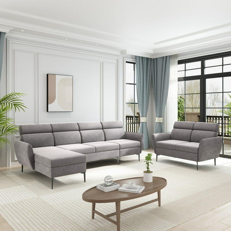 Zafly Sectional Sofa Sets for Living Room Linen Fabric Sofa with Metal Legs 2 Piece Sofas and Couches Sets Light Grey