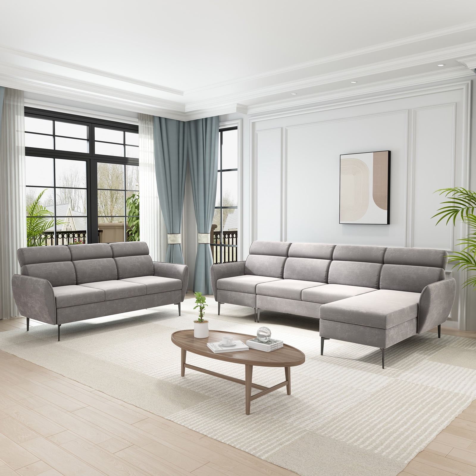 ZAFLY Sectional Sofa Sets for Living Room, Linen Fabric Sofa with Metal ...