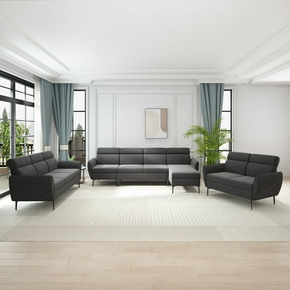 ZAFLY Sectional Sofa Sets for Living Room, Linen Fabric Sofa with Metal legs, Upholstered L-shaped Sofas and Couches - Dark Grey