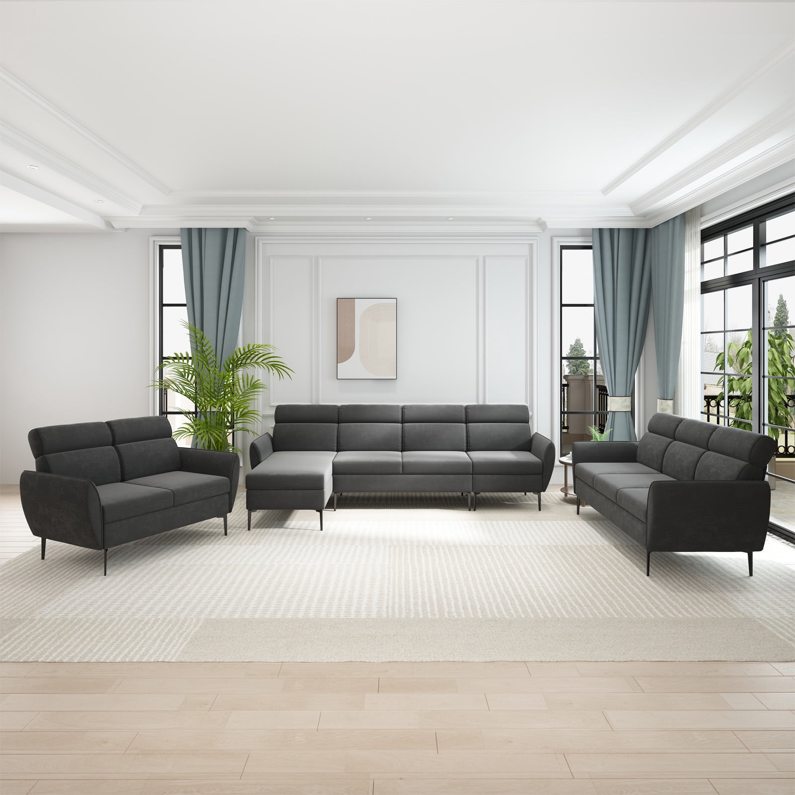ZAFLY Sectional Sofa Sets for Living Room, Linen Fabric Sofa with Metal ...