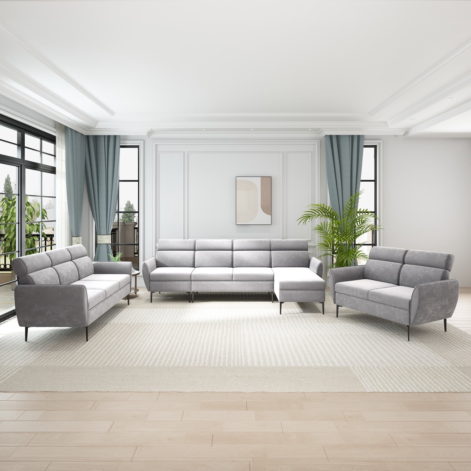 ZAFLY Sectional Sofa Sets for Living Room, Linen Fabric Sofa with Metal ...