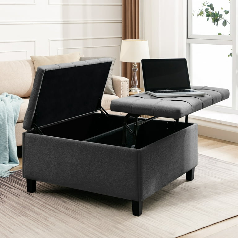 ZAFLY Large Square Ottoman with Storage Lift Top Coffee Table Upholstered Footstool Dark Grey Walmart
