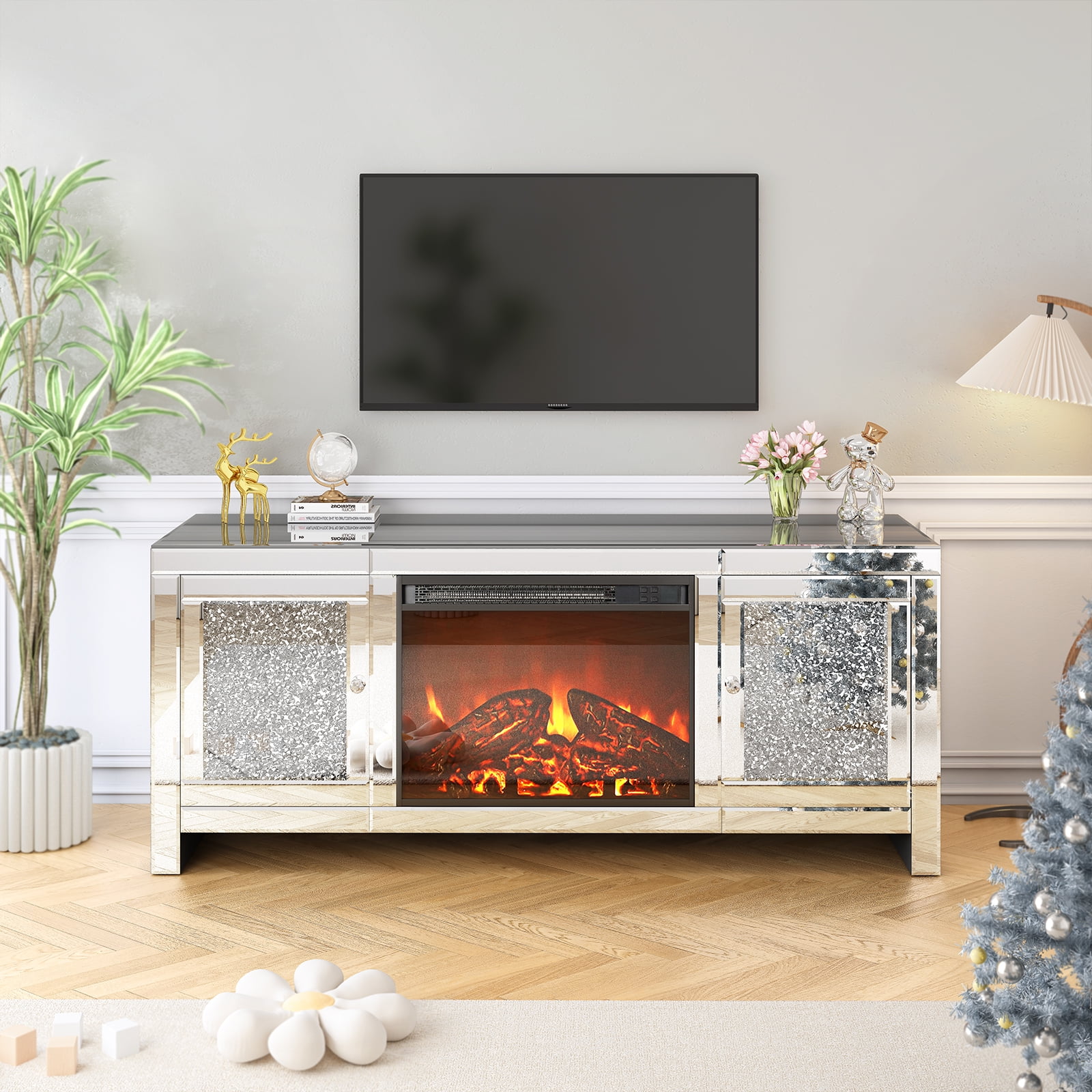 ZAFLY TV Stand for 50+ Inch TV, Mirrored Electric Fireplace TV Stand, Mantel Freestanding Heater