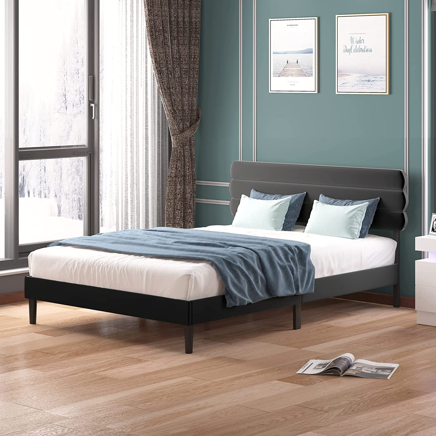 ZAFLY Upholstered King Size Bed Frame with Adjustable Headboard,Velvet Platform King Bed Frame ...