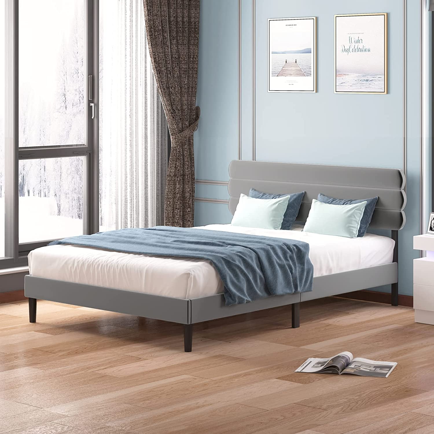 ZAFLY Upholstered King Size Bed Frame with Adjustable Headboard,Velvet Platform King Bed Frame ...