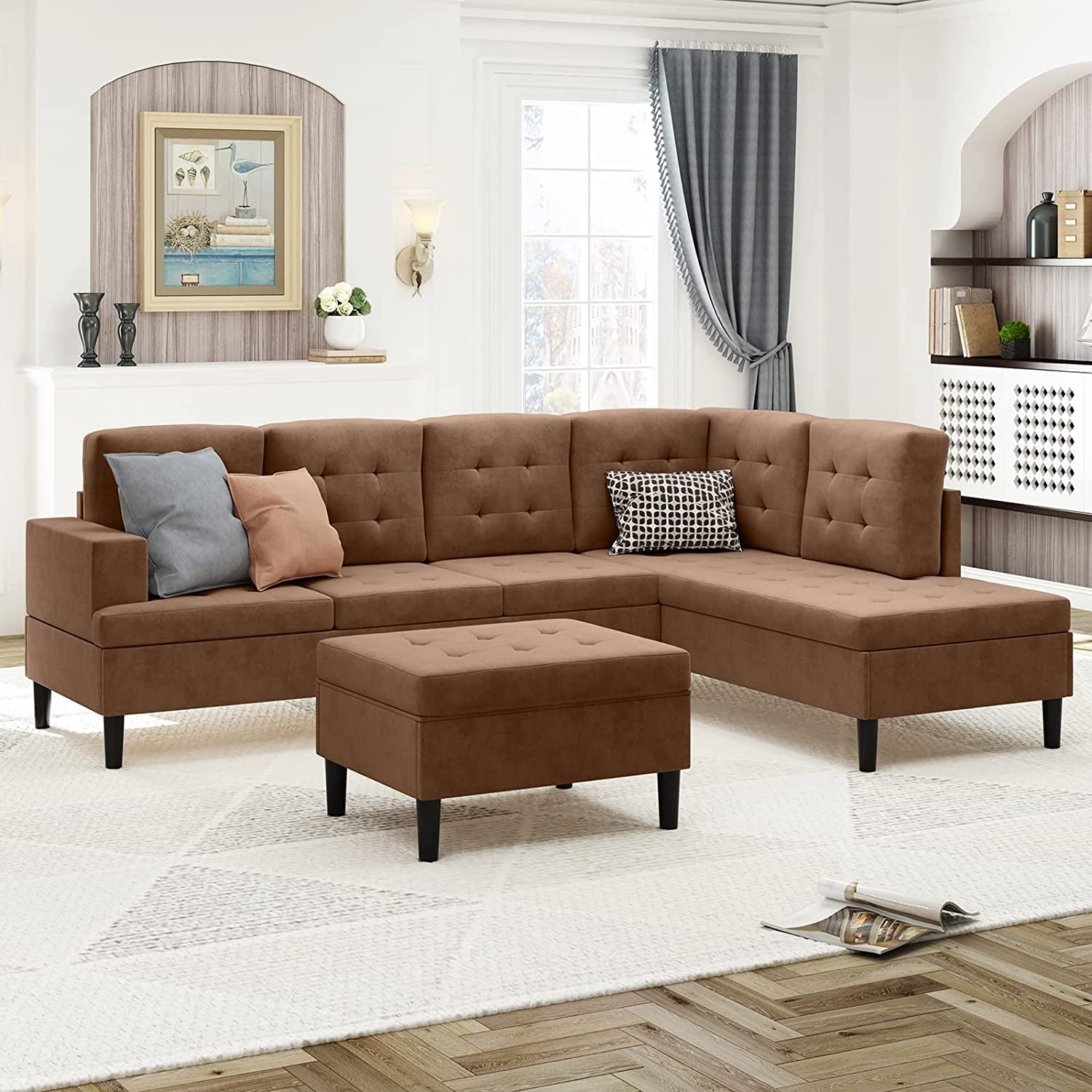 ZAFLY Sectional Sofa Set, Upholstered Tufted LShape Sofa, Sleeper Sofa Couch with Movable