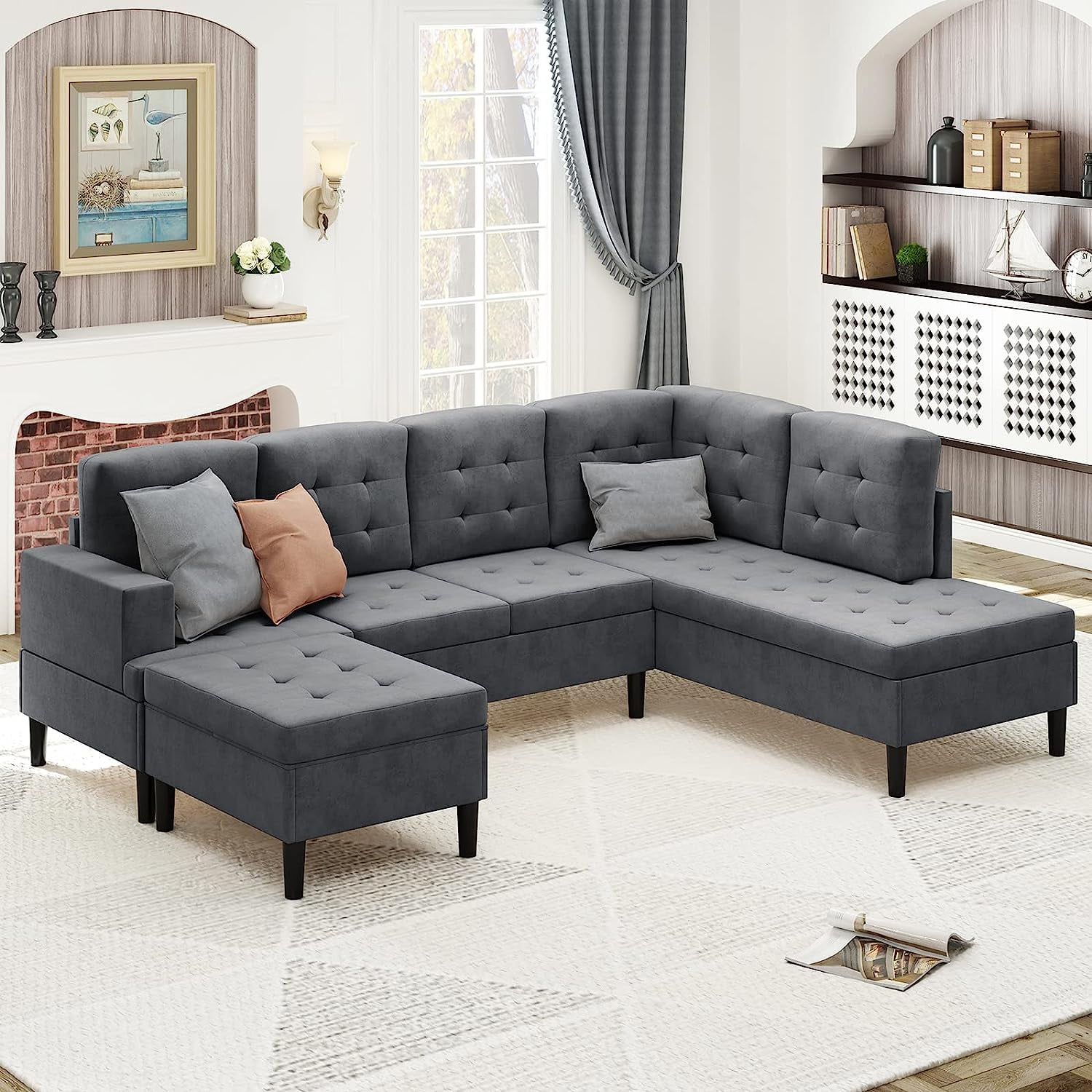 ZAFLY Sectional Sofa Set, Upholstered Tufted LShape Sofa, Sleeper Sofa Couch with Movable