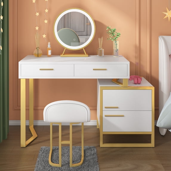 ZAFLY Vanity Desk, Dressing Table with Steel Frame, Make-up Dresser Set with LED Lights Mirror, Movable Nightstand Table with 4 Drawers for Bedroom