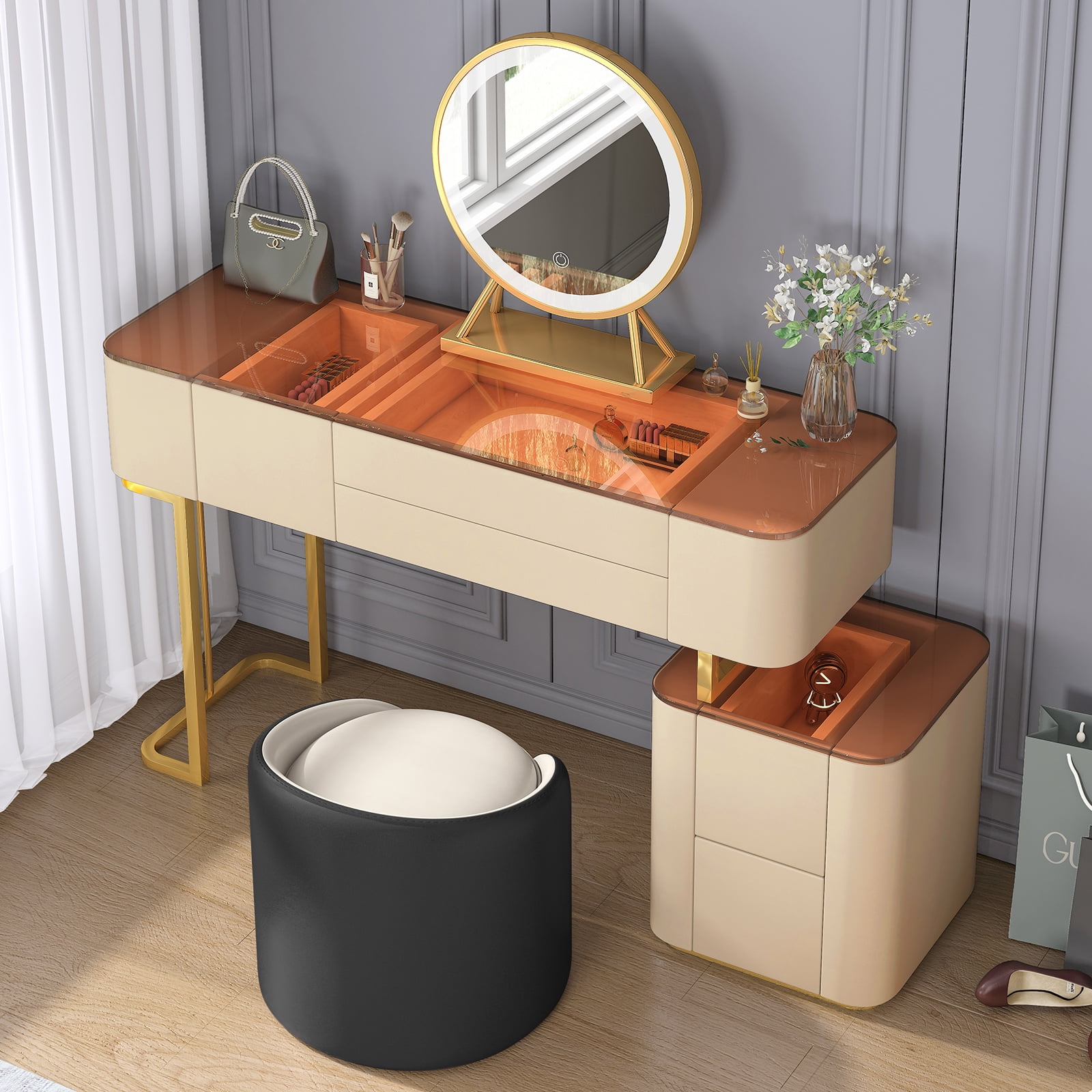 ZAFLY Vanity Set with LED Light Mirror, Makeup Vanities with Drawers, Dressing Table and Chair ...