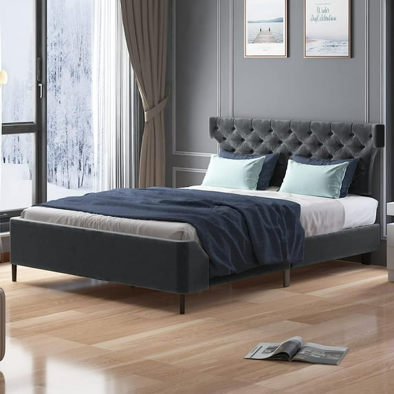 ZAFLY Velvet Upholstered King Size Bed Frame, Platform King Size Bed Frame with Tufted Adjustable Headboard, Wood Slat Support, No Box Spring Needed, Easy Assembly (King, Dark Grey)