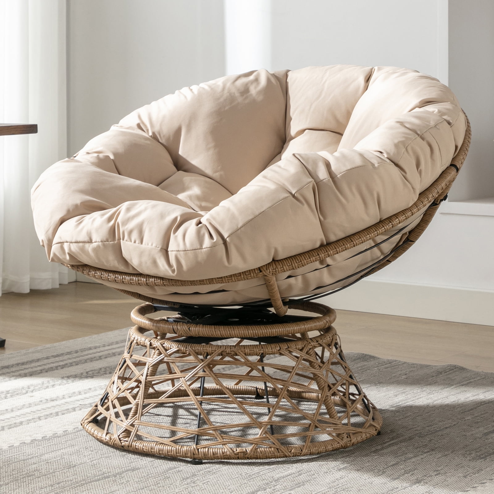 ZAFLY Wicker Papasan Chair, 360° Swivel Leisure Chair, Comfy Accent