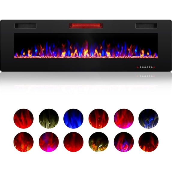 ZAFRO 60" Electric Fireplace with Remote Ultra-Thin & Quiet Wall-Mounted Recessed Heater, Adjustable 12-Color Flame, Brightness & Speed