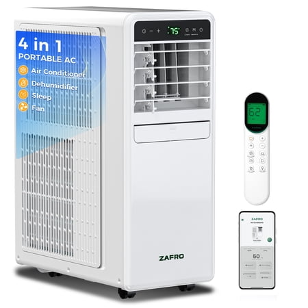 ZAFRO Portable Air Conditioners 10000 BTU (6000 BTU SACC), portable ac units for bedroom with Fan & Dehumidifier, 24H Timer with APP/Remote/Timer/LED Display