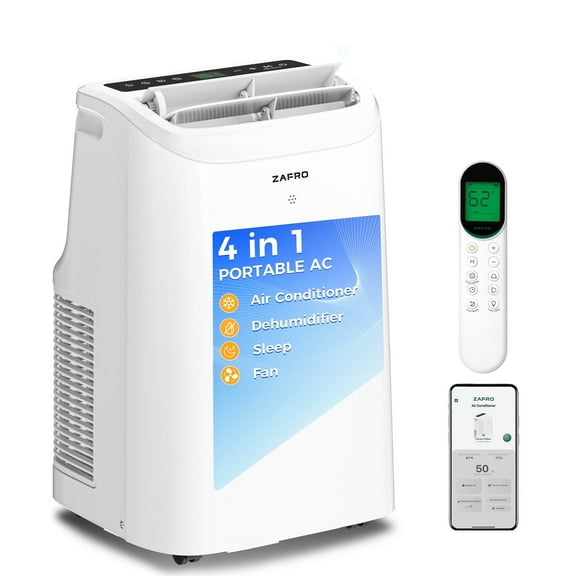 ZAFRO Portable Air Conditioners 12000 BTU (8000 BTU SACC), portable ac units for bedroom with Fan & Dehumidifier, 24H Timer with APP/Remote/Timer/LED Display
