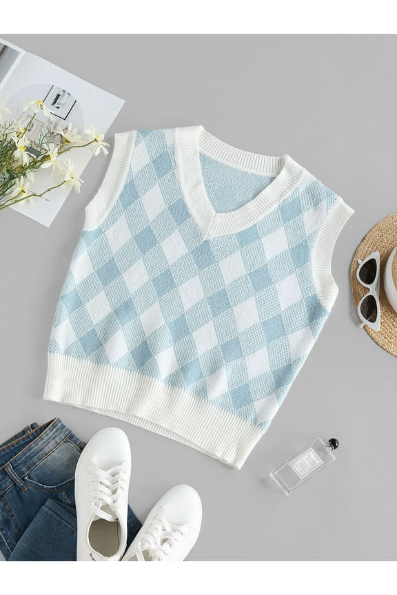 Argyle Ribbed Trim V Neck Vest Sweater M