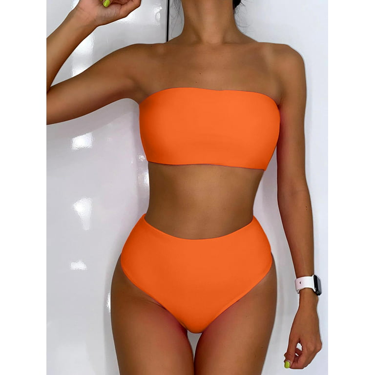 ZAFUL Boning Side Strapless Bikini Set Bright Orange M 