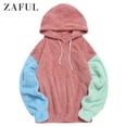 thumbnail image 1 of ZAFUL Color-blocking Splicing Drawstring Fuzzy Hoodie Light Coral XL, 1 of 5