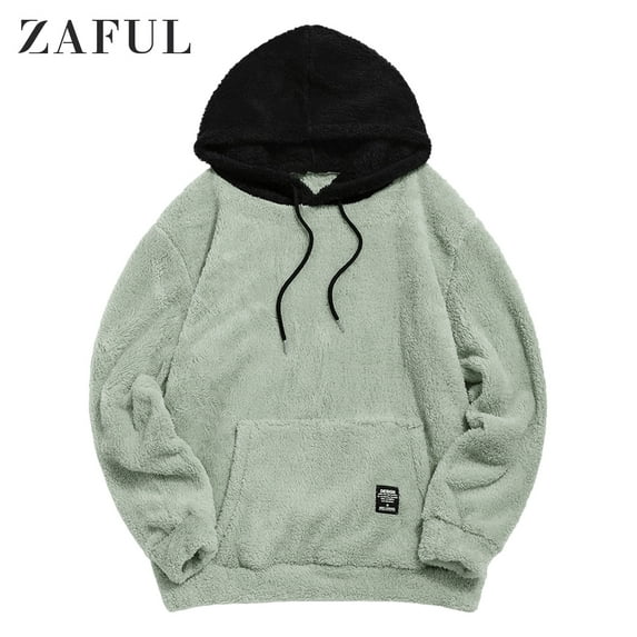 ZAFUL Colorblock Splicing Faux Fur Fluffy Hoodie Cyan Opaque 2XL