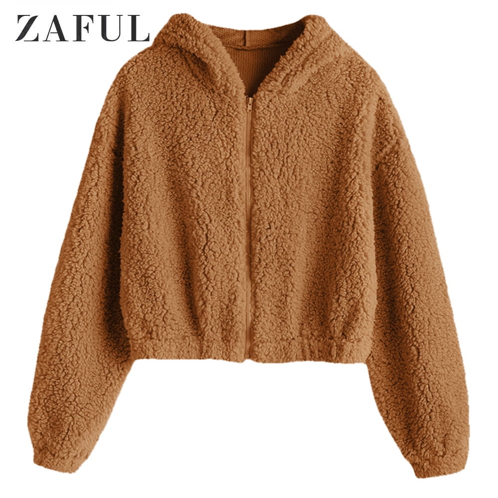 Hoodie Zaful Coat ZAFUL Hooded Zip Faux Shearling Fluffy Jacket