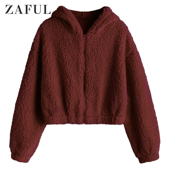 ZAFUL Hooded Zip Faux Shearling Fluffy Jacket Red Wine S