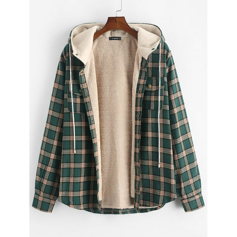 ZAFUL Men's Long Sleeve Hoodie Jacket Flannel Plaid Button Down