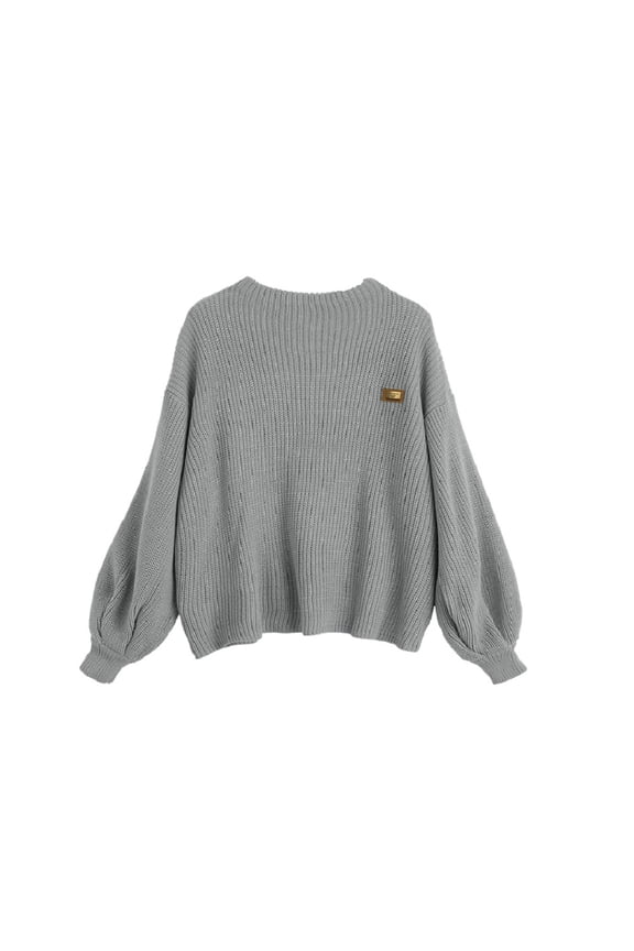 Women Casual Loose Badge Patched Oversized Pullover Sweater Gray One Size