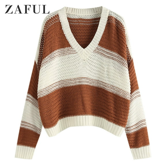 ZAFUL Women Casual Loose V Neck Colorblock Drop Shoulder Oversized Sweater Coffee M