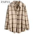 thumbnail image 1 of ZAFUL Women Casual Wool Blend Plaid Thin Shirt Light Coffee S, 1 of 6