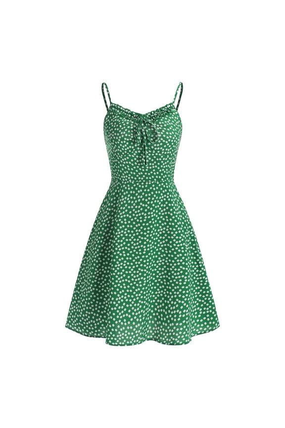 Women Ditsy Floral Tie Ruffle Front Spaghetti Straps Dress Green M