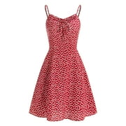 ZAFUL Women Ditsy Floral Tie Ruffle Front Spaghetti Straps Dress Red M