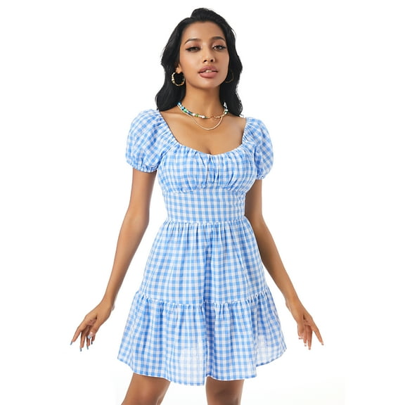 ZAFUL Women Sexy Prom Dress Puff Sleeve Plaid Tiered Milkmaid Dress Light Blue XL