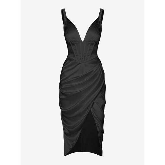 ZAFUL Women Sexy Prom Dress Silky Pleated Bustier Corset-style Draped Midi Dress Black L