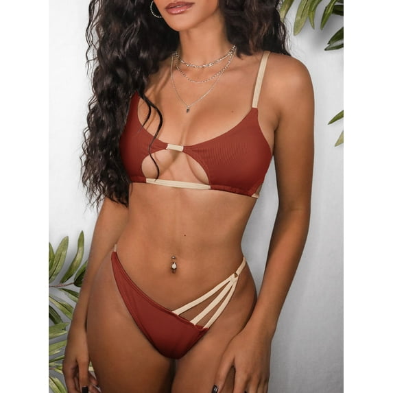 ZAFUL Women Swimsuit Contrast Strap Ribbed Cut Out Thong Bikini Swimwear Deep Coffee M
